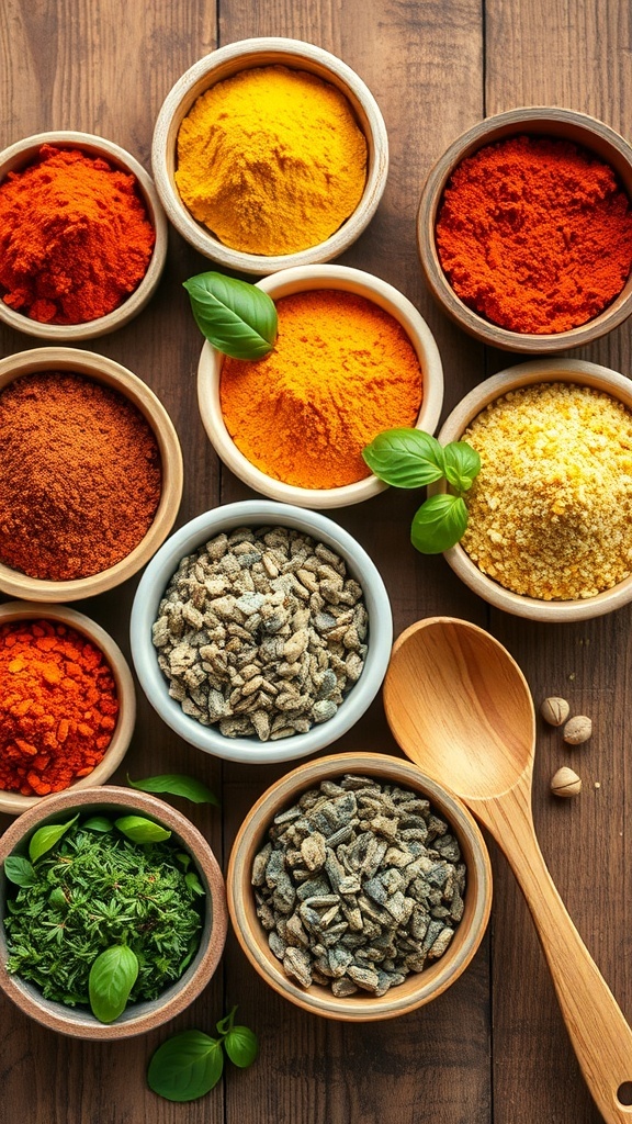 An assortment of colorful spices and herbs in bowls on a wooden table.